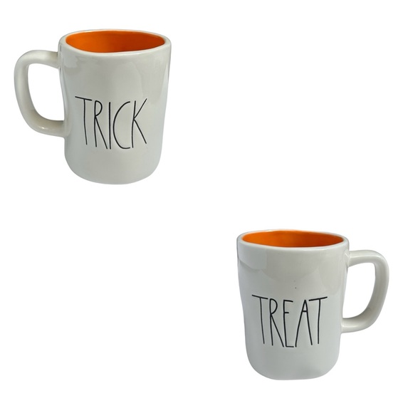 Rae Dunn Halloween Mug TRICK TREAT Double Side White Orange Interior New 2017 OG - Picture 1 of 16